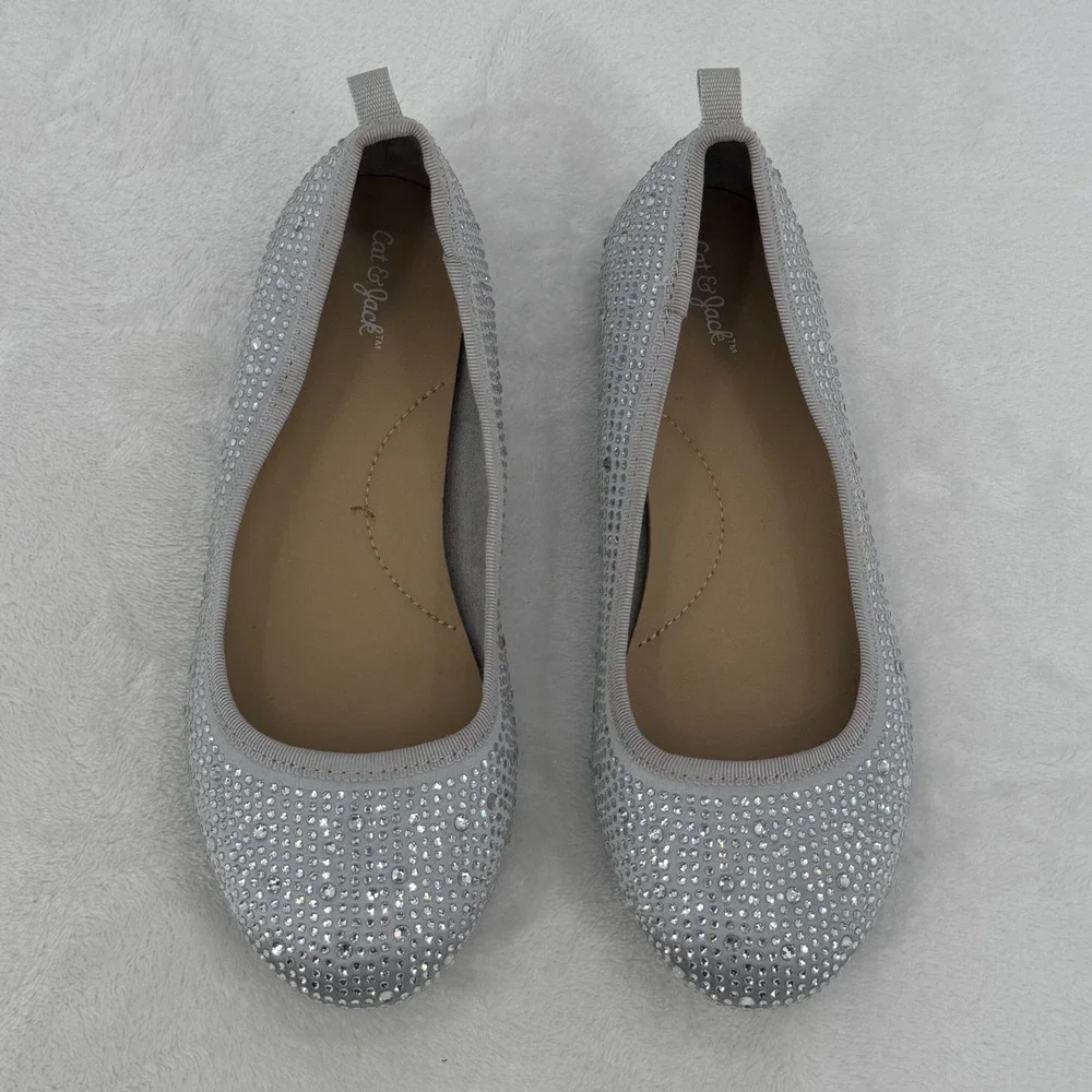 Cat & Jack Silver Rhinestone Ballet Flats Girls Size 1 Sparkly Dress Shoes